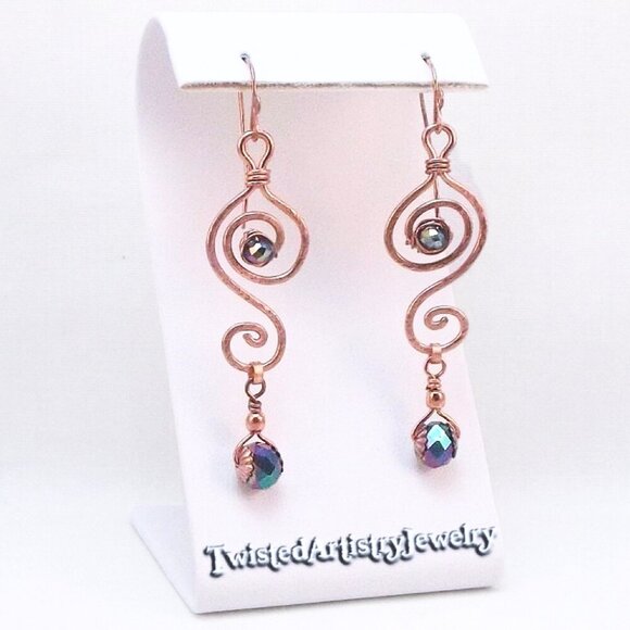 Hammered Copper Double Swirls with Rainbow Crystals Earrings - Picture 1 of 3